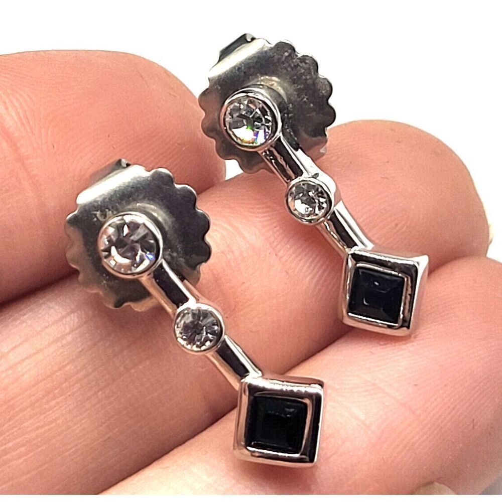 Silver Onyx and Crystal Dainty 3 Stone Minimalist Earring Studs .75in